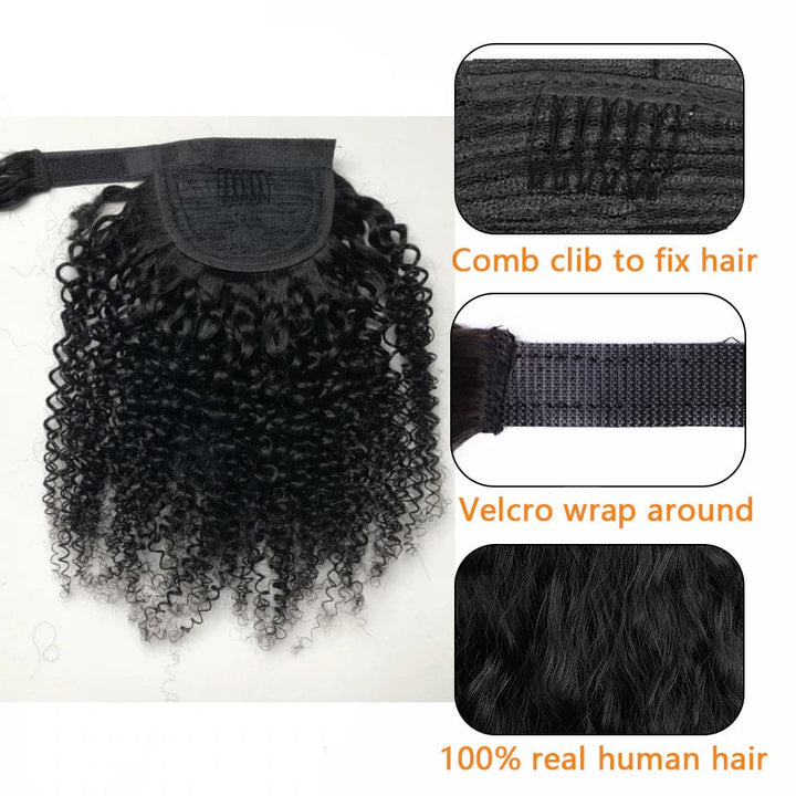 Extensões de cabelo humano encaracolado crespo enrolado em torno de rabo de cavalo peruca de cor natural 
