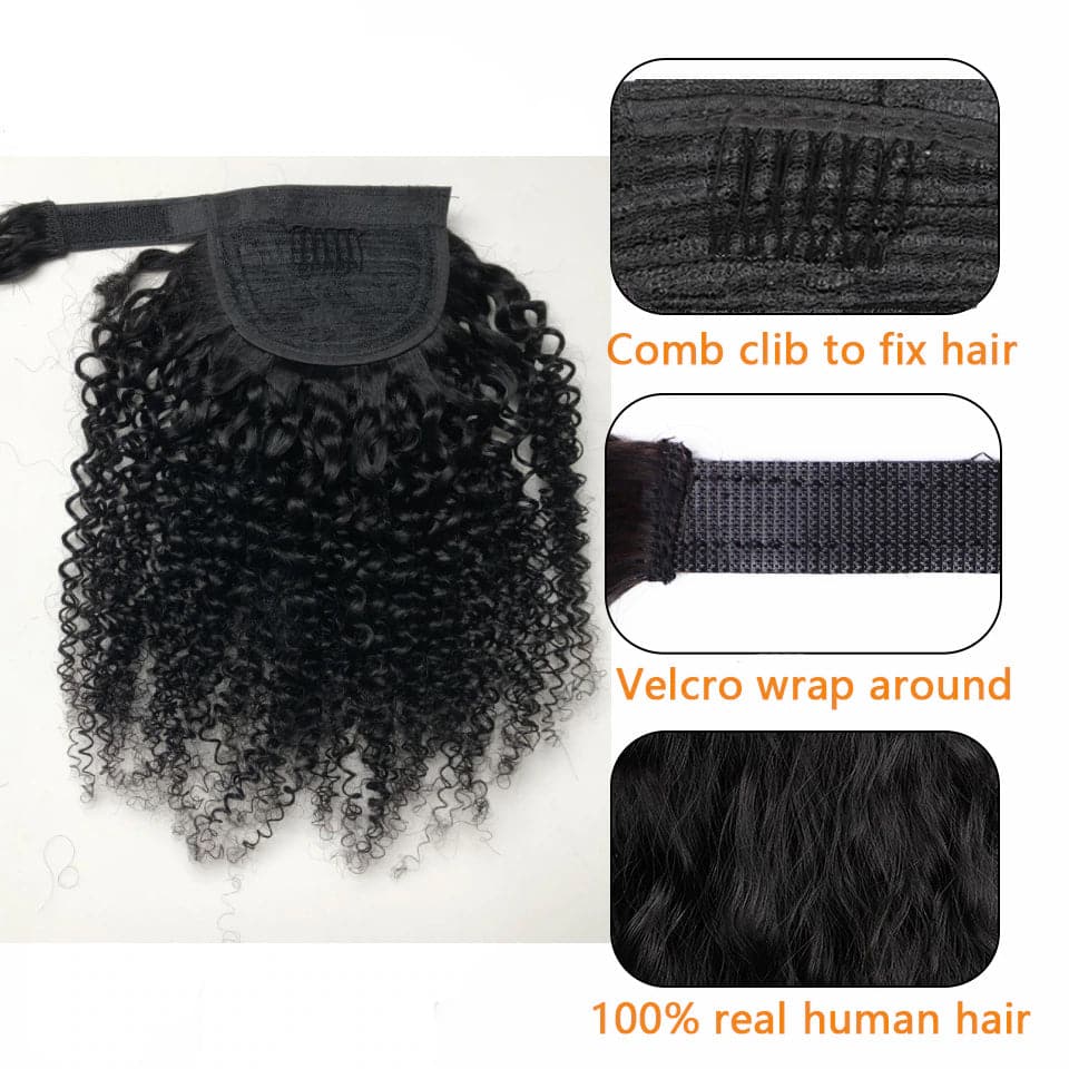 Kinky Curly Wrap Around Ponytail Extensions de cheveux humains Postiche de couleur naturelle 