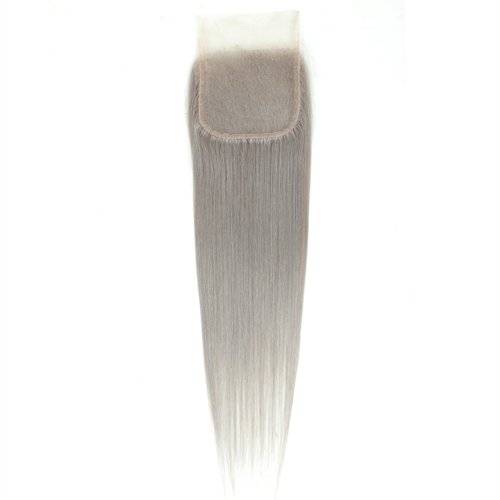 Cheveux Raides Gris Argent 4 Faisceaux avec Fermeture 4x4 Dentelle Transparente Préplumée 100% Extensions de Cheveux Humains 
