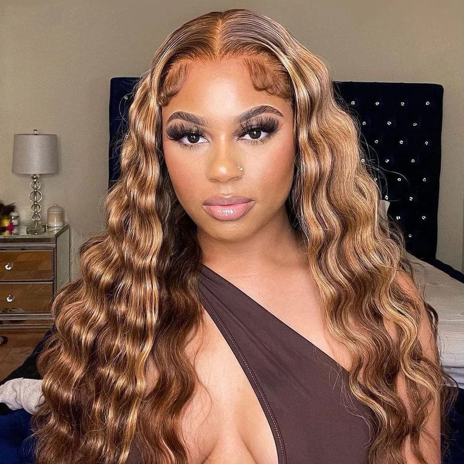 Highlight Human Hair Lace Front Wigs loose Deep Wave 4/27 Ombre Colored Glueless Wigs Pre Plucked