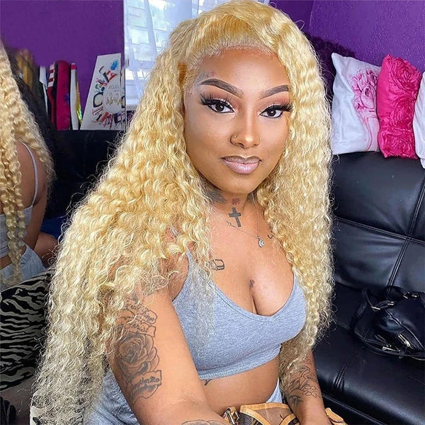 613 Blonde Kinky Curly HD Transparent Lace Frontal Pre Plucked Human Hair Wigs