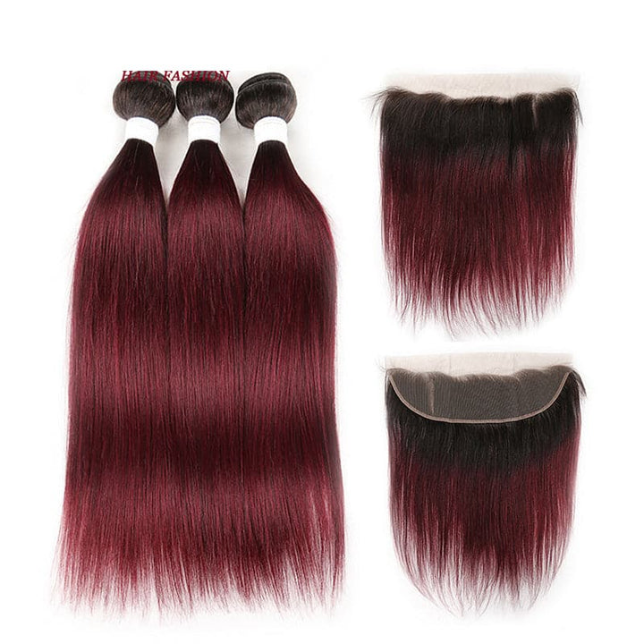 lumiere 1B/99J Ombre Straight Hair 3 Bundles With 13x4 Lace Frontal Pre Colored Ear To Ear