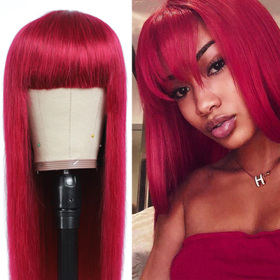 BURG Straight Hair Full Machine Made None Lace Front Wigs With Bangs