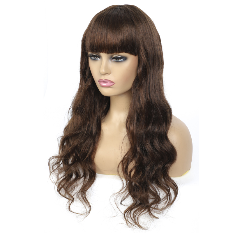 #4 Brown Body Wave Full Machine Made None Lace Virgin Human Hair Wigs With Bangs