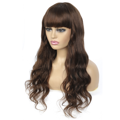 #4 Brown Body Wave Full Machine Made None Lace Virgin Human Hair Wigs With Bangs