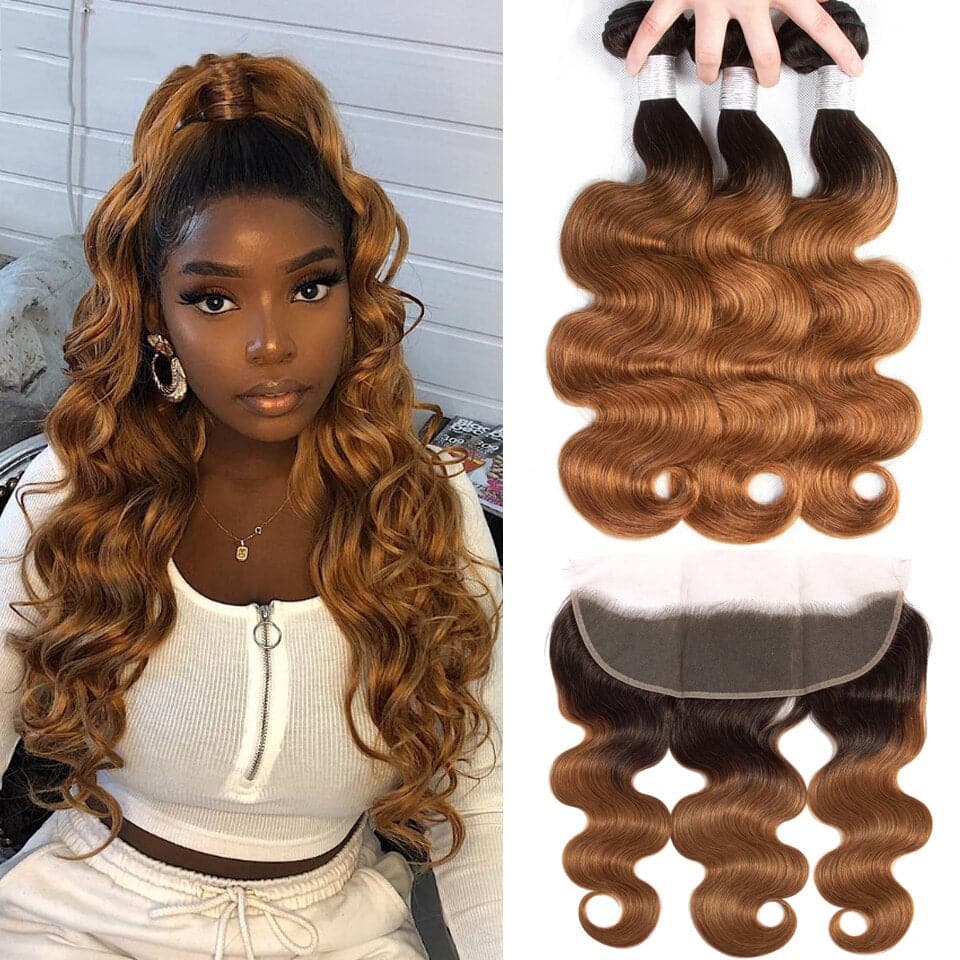 lumiere 1B/30 Ombre Body Wave 3 Bundles With 13x4 Lace Frontal Pre Colored Ear To Ear