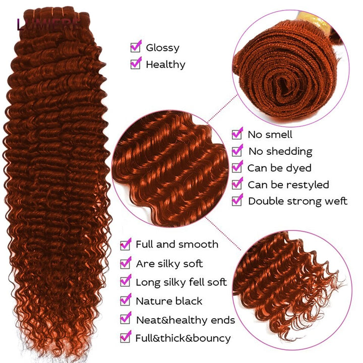 #350 Ginger Color Deep Wave 4 Bundles With 13x4 Frontal Transparent Lace Closure Frontal With Bundles Orange Remy Human Hair
