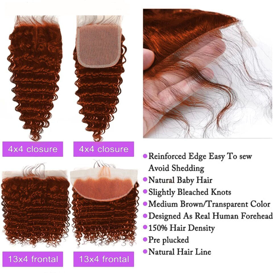 Cheveux 100% humains brésiliens frontaux de cheveux de vague profonde colorés par orange de gingembre 13x4 