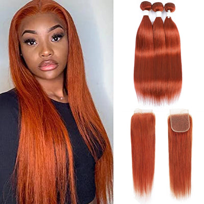 #350 Ginger Straight 3 Bundles With 4X4 Lace Closure Brazilian Human Hair