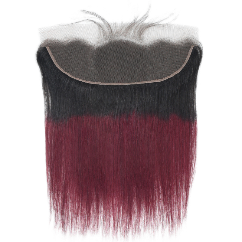 lumiere 1B/99J Ombre Cheveux Raides 3 Faisceaux Avec 13x4 Dentelle Frontale Pré Coloré Oreille À L'oreille 