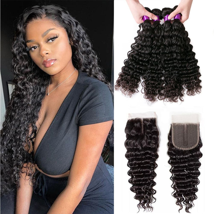 28 30 40 Inch Deep Wave Hair 4 Bundles With 4x4 Lace Closure Remy Brazilian 100% Human Hair Weave