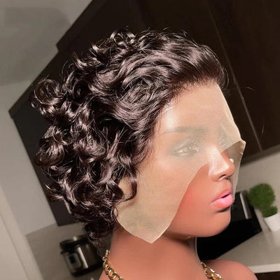 Natural Black 13x1 Lace Loose Curly Short Pixie Cut Bob Wigs For Women