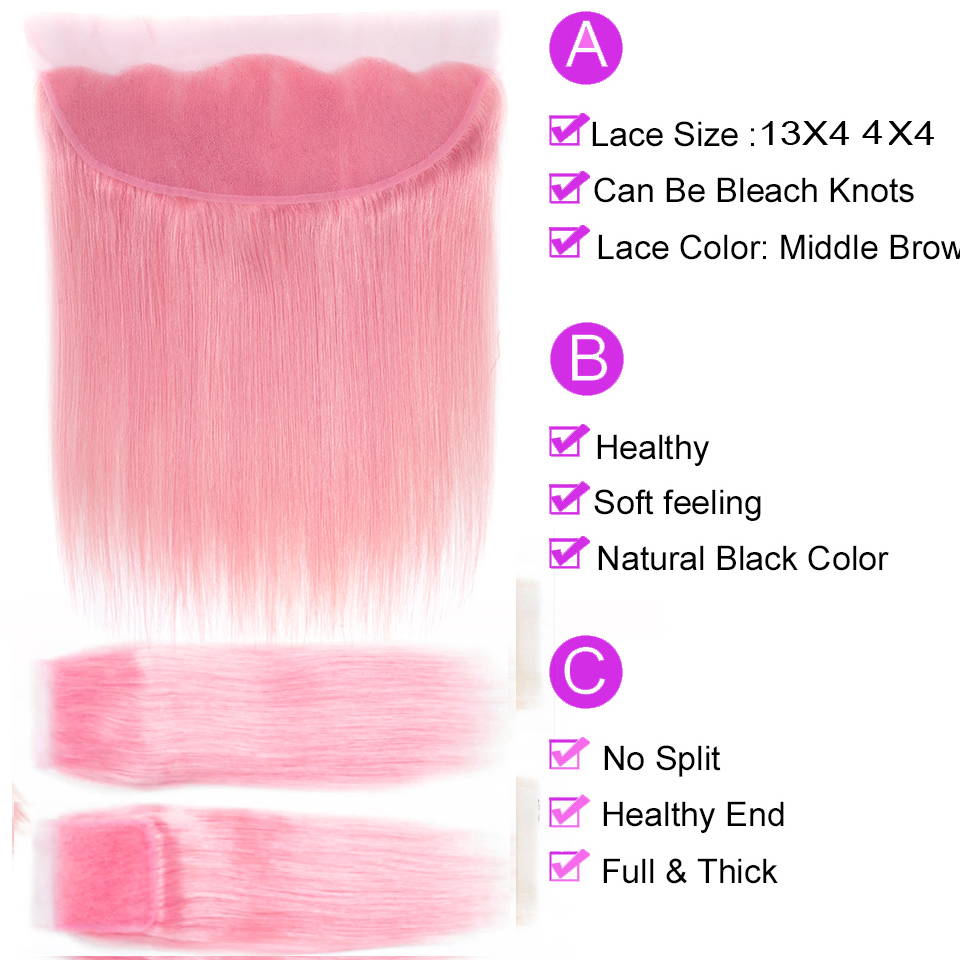 Paquets droits colorés par rose-clair 3 avec les cheveux brésiliens frontaux/de fermeture 