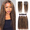 P4/27 Highlight Kinky Curly 4 Bundles With 4x4 Lace Closure Brazilian Remy Human Hair