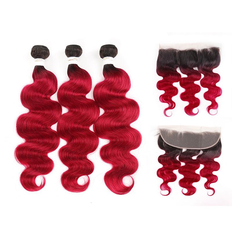 1B/BURG Ombre Body Wave 3 Bundles With 13x4 Lace Frontal Pre Colored Ear To Ear