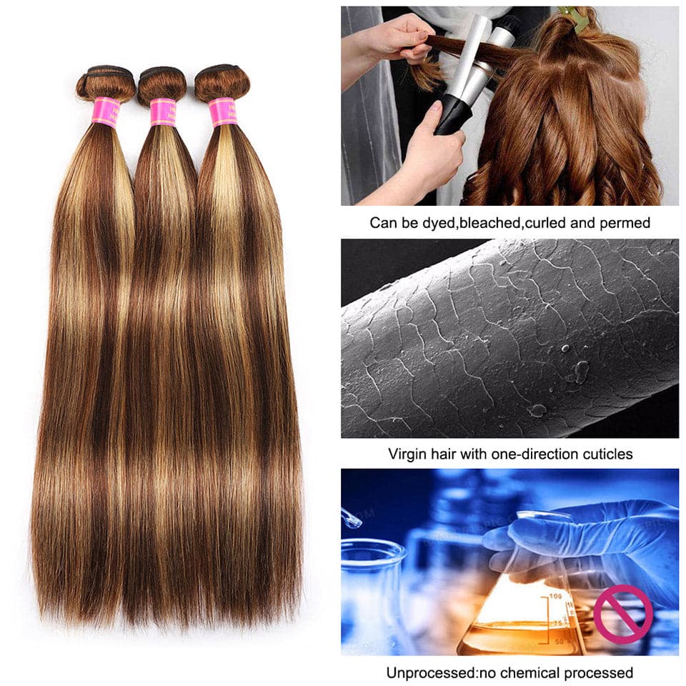 Highlight #4/27 Straight 3 Bundles 100% extensão de cabelo humano virgem 