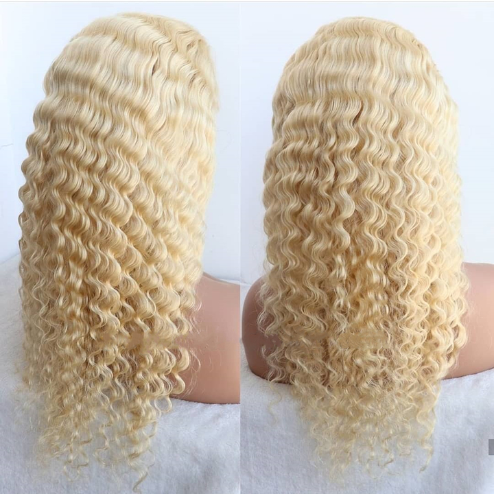 613 Blonde T Part Deep Wave Lace Wigs pré-plumées avec des cheveux de bébé 