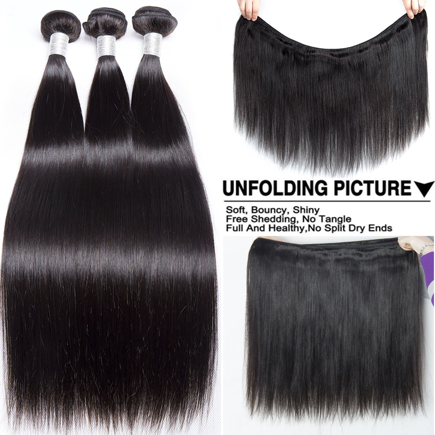 Straight 3 Bundles With 4x4 Closure Transparent Lace Peruvian Remy Hair