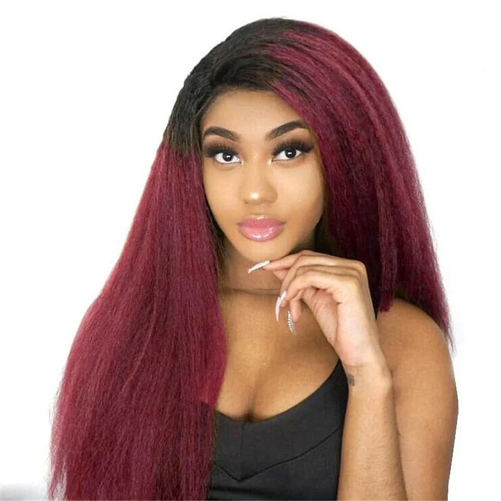 1B/99J Ombre Kinky Straight 4x4/5x5/13x4 Lace Closure/Frontal 150%/180% Density Wigs For Black Women
