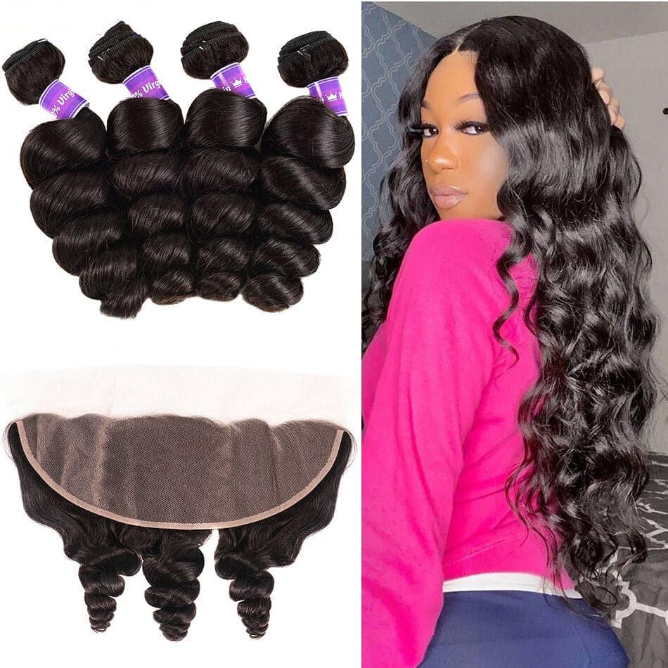Loose Wave Brazilian 4 Bundles with 13x4 Frontal Non-remy Human Hair Extension