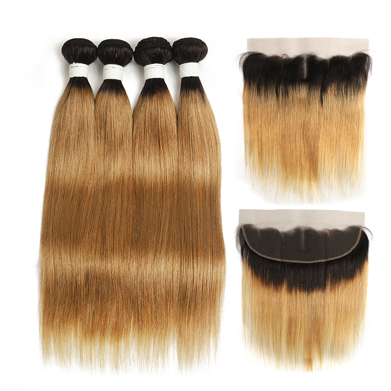 lumiere 1B/27 Ombre Straight Hair 4 Bundles With 13x4 Lace Frontal Pre Colored Ear To Ear