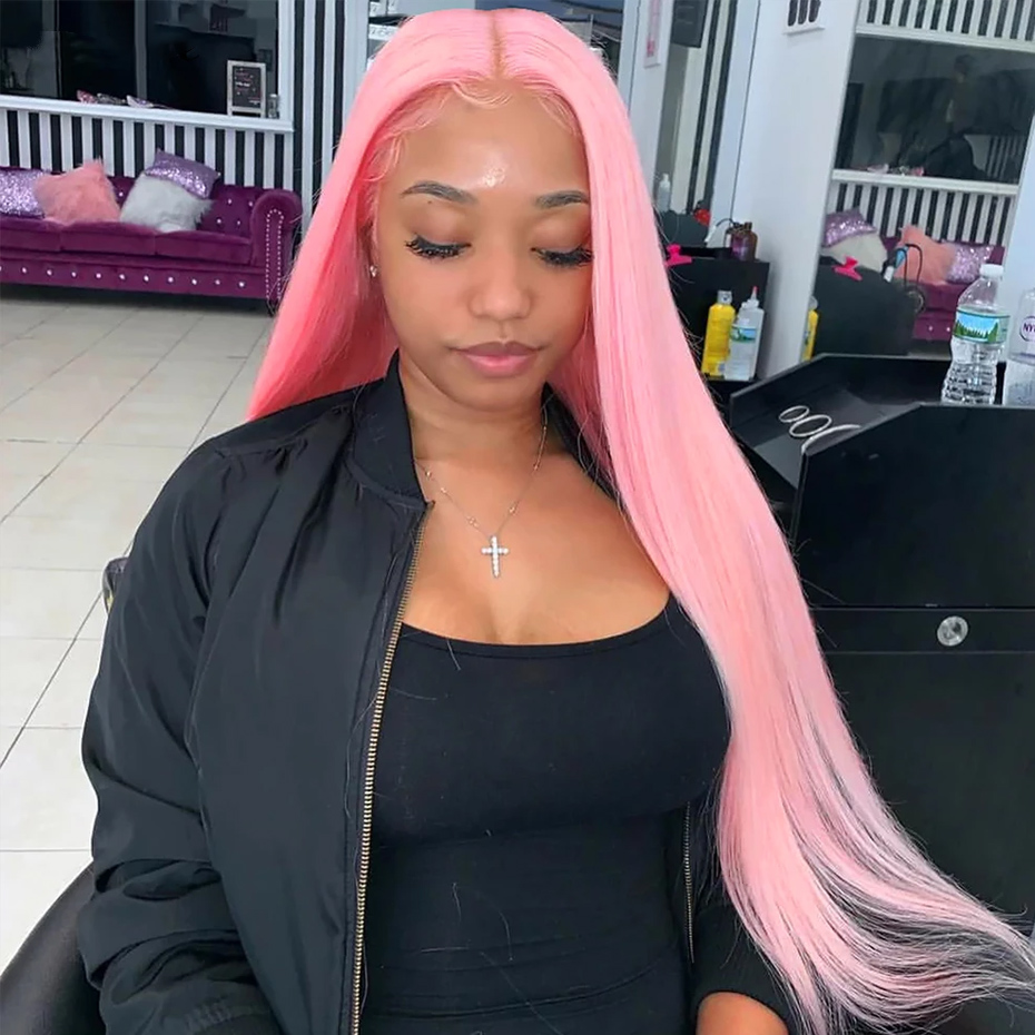 Light Pink Colored straight 4 Bundles With 13x4 frontal Brazilian Human Hair Weave With 4x4  Closure Lumiere Hair