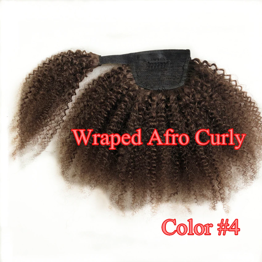 # 4 Brown Afro Curly Wrap Around Ponytail Extensions de cheveux humains Postiche 