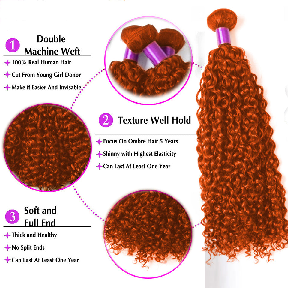 #350 Ginger Kinky Curly 3 Bundles With 13x4 Transparent Lace Frontal