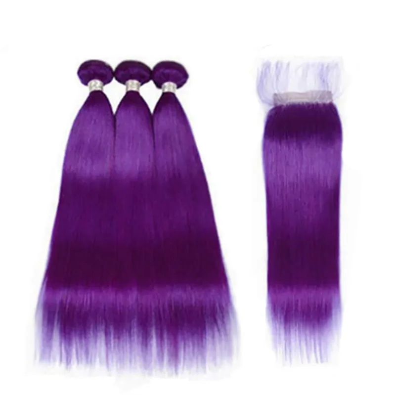 Pacotes de cabelo roxo colorido 3 pacotes com fecho de renda 4x4 HD Extensões de cabelo humano 