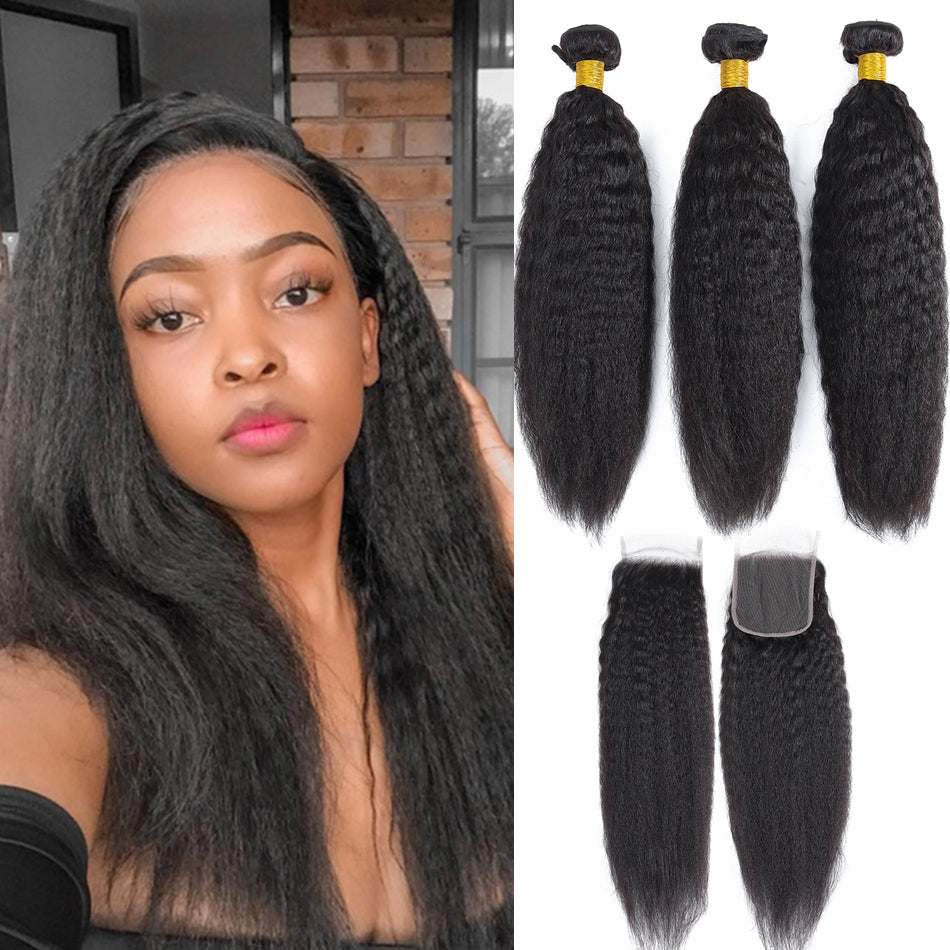 Kinky Straight 3 Bundles With 4x4 Lace Closure Human Hair
