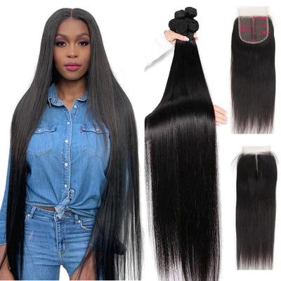 28 30 40 Inch Straight Hair 4 Bundles With T part 4*4*1 Lace Closure Remy Brazilian 100% Human Hair Weave