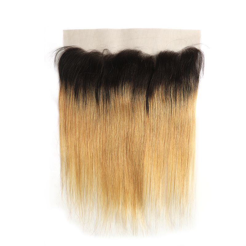 lumiere 1B/27 Ombre Cheveux Raides 4 Faisceaux Avec 13x4 Dentelle Frontal Pré Coloré Oreille À L'oreille 