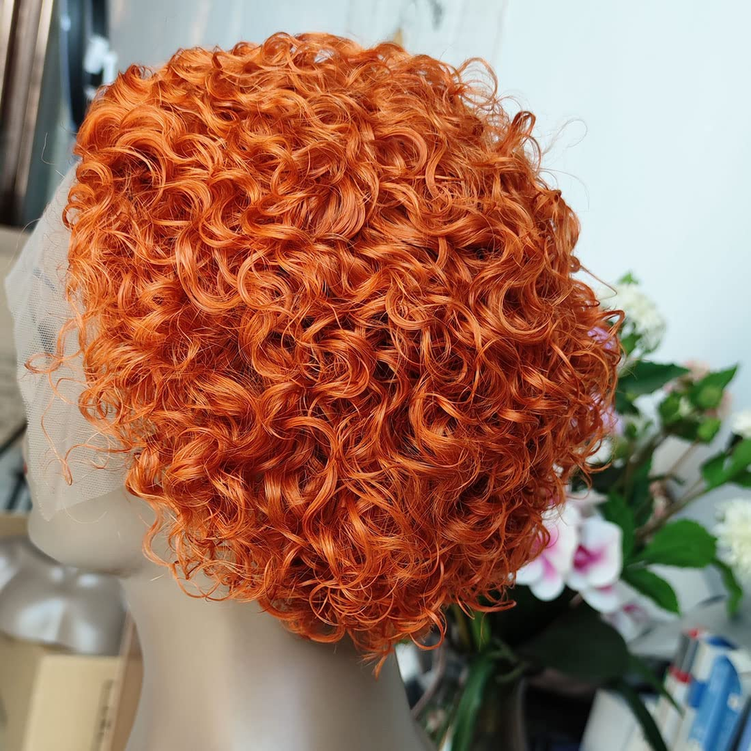 #350 Ginger Color Curto Curly Bob Pixie Cut 13×1 Renda Frontal Virgem Perucas de Cabelo Humano Para Mulheres Negras 