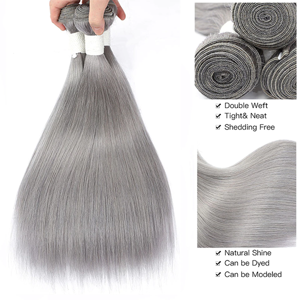 Silver Grey Straight 3 Bundles Cheveux Humains Brésiliens 