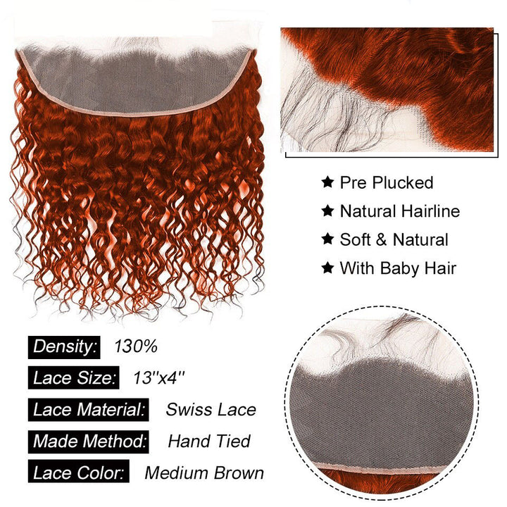 #350 Ginger Orange Colored Water Wave 13x4 Lace Frontal Remy 100% Human Hair