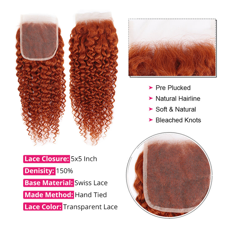 #350 Ginger Kinky Curly 4 Bundles Avec 4X4 Lace Closure Brésilien Remy Cheveux Humains 