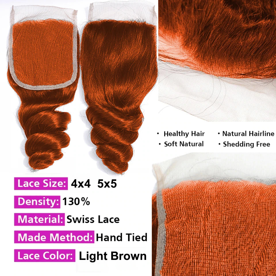 350 Ginger Orange Colored Loose Wave 4x4 Lace Closure  100% Human Hair Extensions