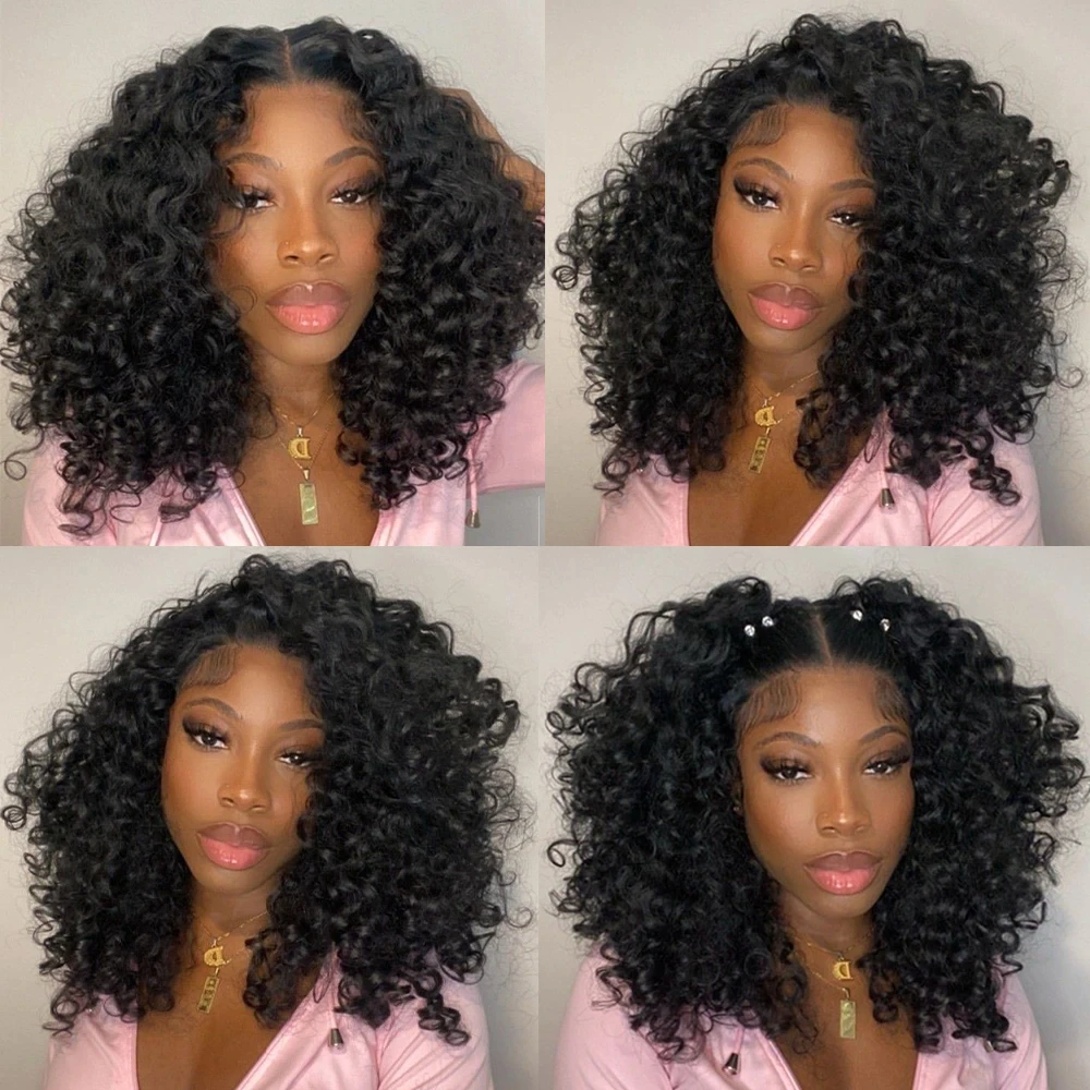Short Bob Wig 13x1x6 T Part Lace Front Wigs for Women Bouncy Curly Bob Wigs 180% Density Nature Hair Black Headgear with Clips