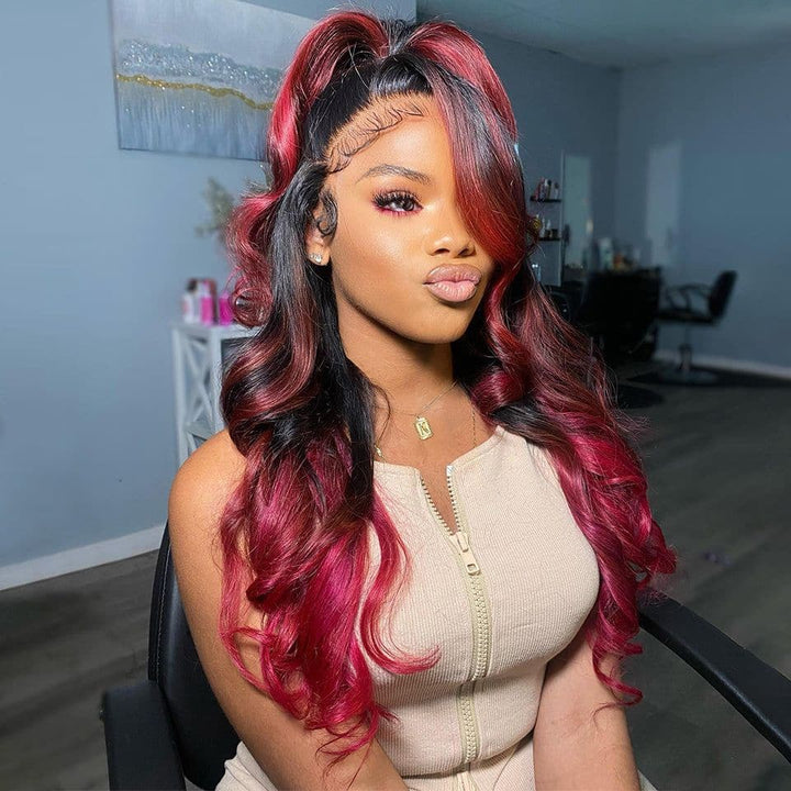 Natural Black Roots Burgundy Loose Wave Virgin Hair Lace Front Wig cheveux humains 