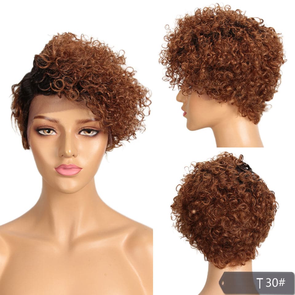 Curly Hair Ombre Colored T/30 Short Pixie Cut Wig or Black Women 13x4x1 Side Part Wigs