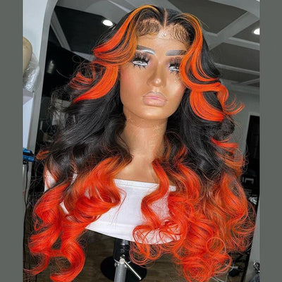 Body Wave Skunk Stripe Orange Highlight With Black Ombre Color Lace Front Wig