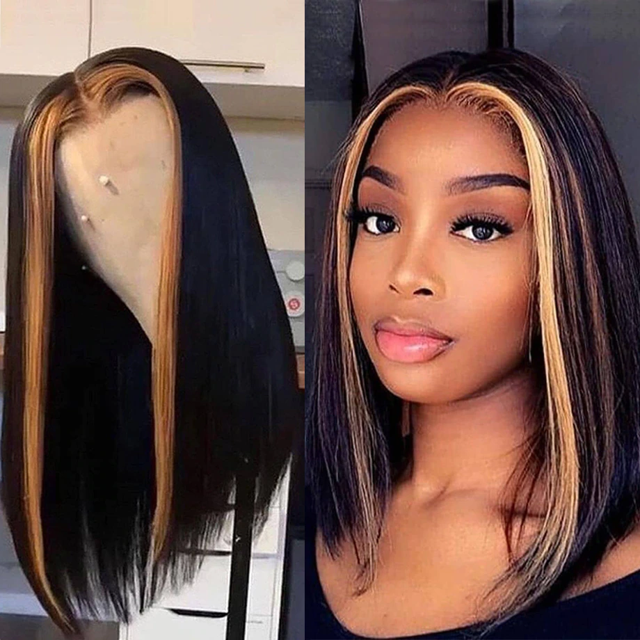 Honey Blonde Highlights Straight Short Bob 13x4 Lace Front Wig Natural Hairline