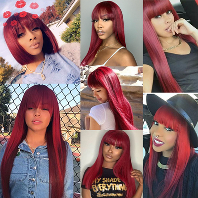 BURG Straight Hair Full Machine Made None Lace Front Wigs With Bangs