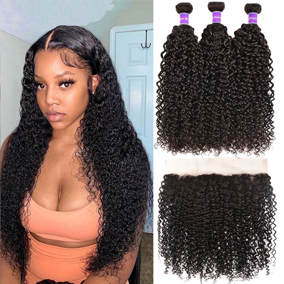 Malaysian Kinky Curly 3 Bundles with 13*4 Lace Frontal Virgin human Hair - Lumiere hair