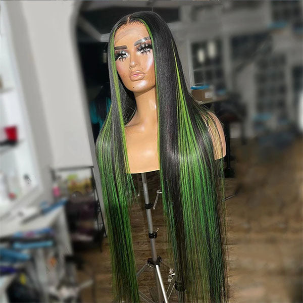 Peruca de cabelo humano frontal em renda 13x4/4X4 Highlight Green Straight para mulheres 