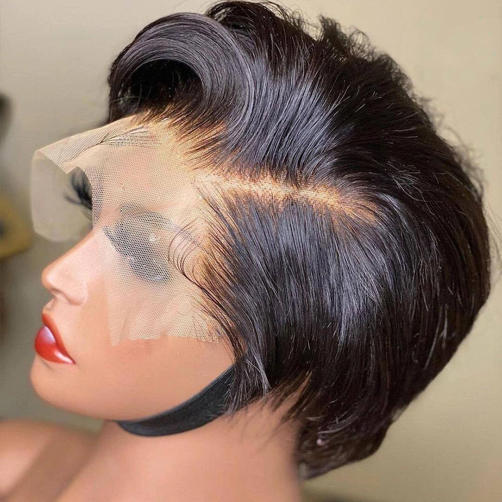 Natural Black 13x1 T Lace Side Part Straight Short Pixie Cut Bob Wigs For Women