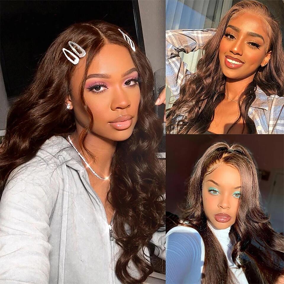 Chocolate Brown Body Wave Transparent Lace Front Human Hair Wig Pre Plucked