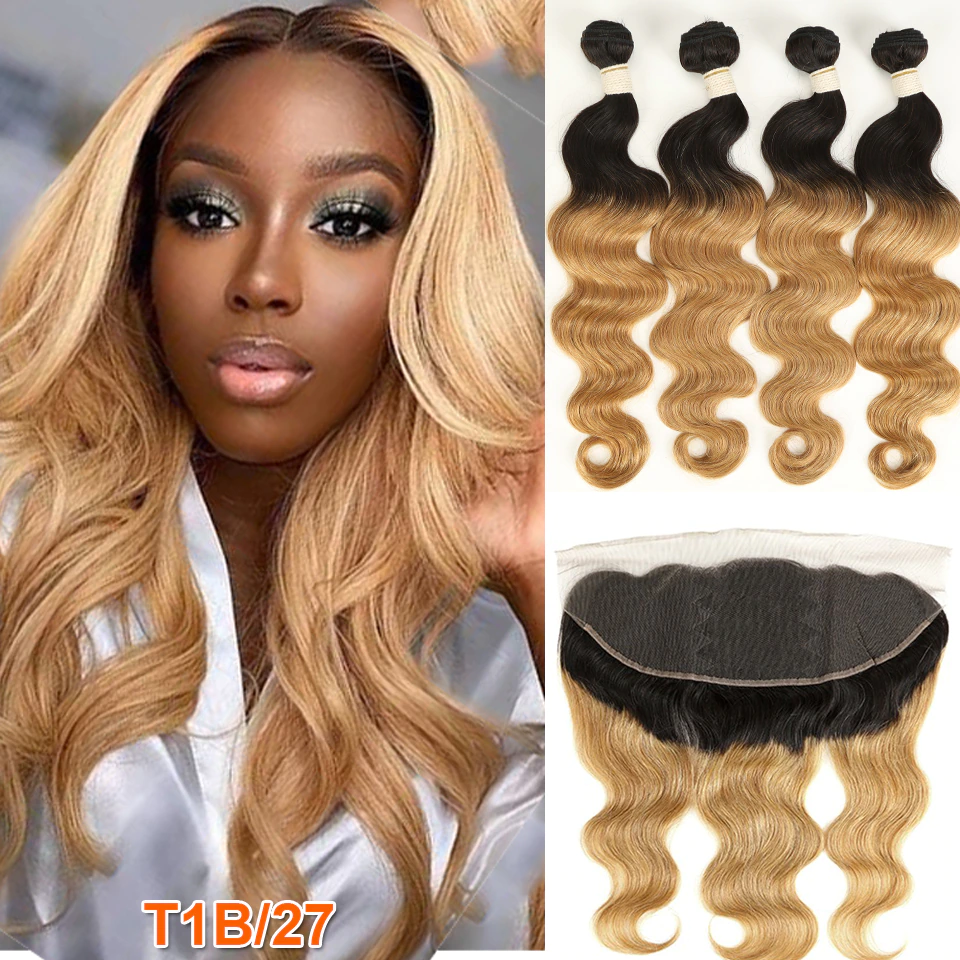 1B/27 Ombre Body Wave 4 Bundles With 13x4 Lace Frontal Pre Colored Ear To Ear