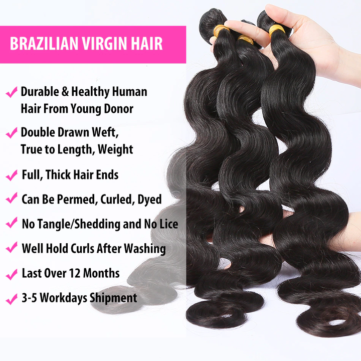 3 Bundles Body Wave Malaysian Virgin Human Hair Extension 8-40 pouces 