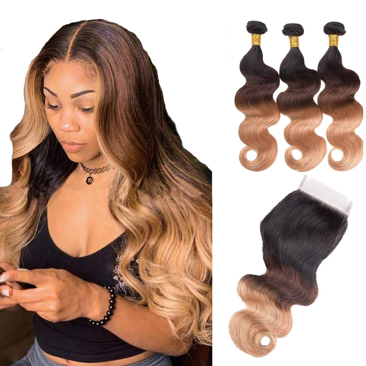 Malaysian Ombre 1b/4/27 Body Wave 3 Bundles with 4X4 Closure - Lumiere hair